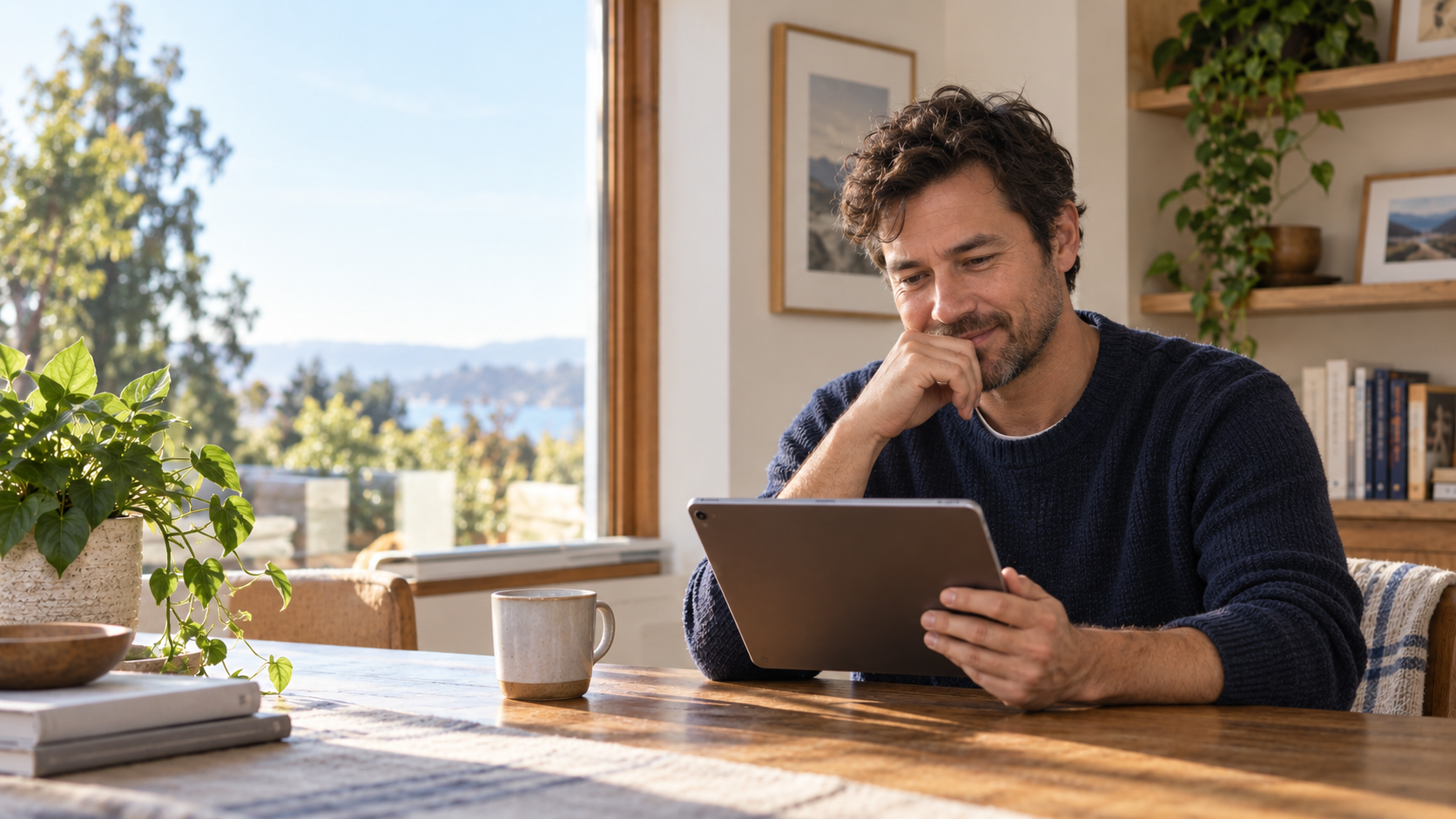 Individual business owner casually reviewing compute-business results on a tablet at home