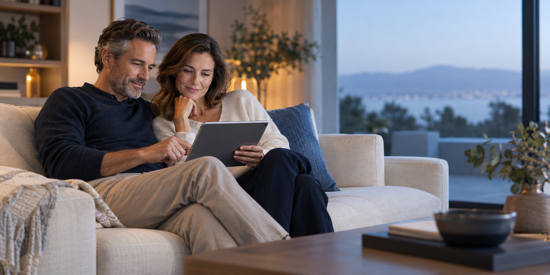 Couple reviewing their compute business performance together on a tablet at home