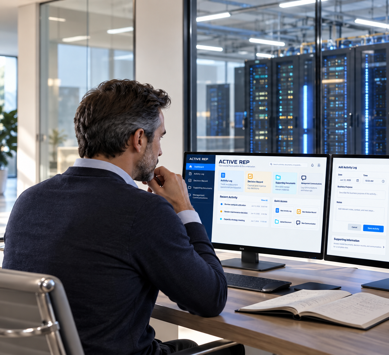 Business owner using Active Rep software while overseeing GPU infrastructure
